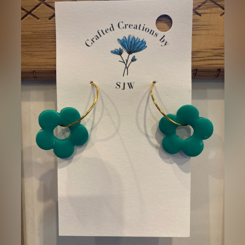 Teal Floral Hoop Earrings